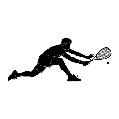 Hareket halindeki bir erkek tenisçinin siyah silueti tenis topuna raketiyle vurmak için ileri doğru hamle yapıyor. Oyuncu atletik şort ve tişört giyiyor, ve vücudu yere doğru eğik açılı, çevik bir hareketi gösteriyor. Tenis balı.
