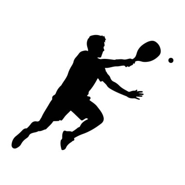 Hareketli bir erkek atletin raket sporu yapan siyah bir silueti. Dinamik bir duruş sergiliyor, elinde raketle ileri atlıyor, topa vurmaya hazır. Top raketin yanındaki havada görülebiliyor. Sporcu şort ve t-shi giyiyor.