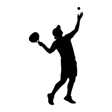 Topa hizmet eden bir tenisçinin siyah silueti. Oyuncu bir kep ve şort giyiyor, bir elinde tenis raketi tutuyor ve diğer eliyle topu atmak için uzanıyor. Görüntü sade bir beyaza karşı simsiyah ve beyaz