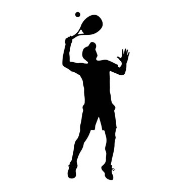 Bir tenis oyuncusunun siyah silueti havada, topa hizmet etmeye hazırlanıyor. Oyuncu şort ve bir kolu havada, bir kolu başının üstünde tenis raketi tutarken, diğer kolu denge için uzatılmış bir şapka giyiyor. Tenis topu görülebilir.