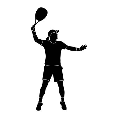 Servis ortasında bir tenisçinin siyah silueti. Oyuncu bir şapka, tişört, şort, çorap ve ayakkabı giyer. Kafalarının üstünde bir tenis raketi tutuyorlar, topa vurmaya hazırlar, bir kolu denge için uzatılmış. Görüntü temiz, grafik