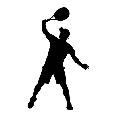 Aksiyonun ortasında bir tenisçinin siyah silueti servis yapmak için kafalarının üstünde raket sallıyor. Oyuncu şort ve kep giyiyor, vücutları açılı ve bir kolu yukarı doğru uzanmış, raketi tutuyor. Diğer kolu da Balan için açık.