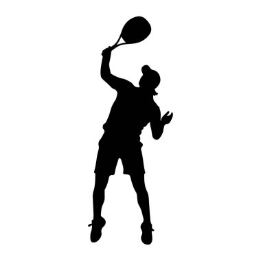 Servis sırasında yakalanan havadaki bir tenisçinin siyah silueti. Oyuncu bir kep ve şort giyiyor, bir kolu tenis raketi sallamak için yüksekte. Diğer kolu hafifçe uzatılmış ve bacakları bükülmüş.