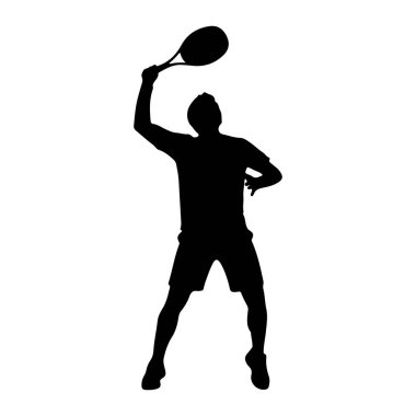 Aksiyonun ortasında siyah bir tenis oyuncusunun silüeti kafasına tenis raketi dayayıp topa vurmaya hazırlanıyor. Oyuncu şort ve tişört giyiyor, vücudu dinamik bir pozda, hareket ve çaba gösteriyor. Arka plan...