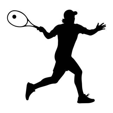 Hareket halindeki bir tenisçinin siyah silueti topa vurmak için raket sallıyor. Oyuncu bir bacağı önde ve diğeri bükük bir şapka ve atletik giysi giyiyor. Raket topa vurmak için konumlandırılmış, ki bu da th 'de görülüyor.