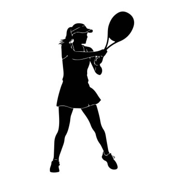 Salıncakta sallanan bir bayan tenisçinin siyah silueti. O bir vizör, kolsuz bir bluz, kısa bir etek ve atletik ayakkabılar giyiyor. Vücudu, önünde duran raketiyle tenis topuna vuracak şekilde konumlandırılmış. Görüntü çok net.