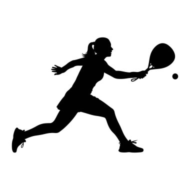 Harekete geçmiş, raket sporu yapan siyah bir kadın silueti. Bir bacağını ileri uzatmış ve diğerini bükmüş olarak orta basamakta. Kolunu kaldırdı, raket tutuyor ve küçük bir topa vurma sürecinde. Kadının saçlarını bağlamışlar. 