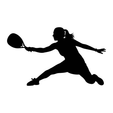 Harekete geçmiş, raket sporu yapan siyah bir kadın silueti. Bir bacağı açık, diğeri bükük bir şekilde ileri atlıyor. Uzamış elinde bir raket tutuyor ve topa vurmaya hazırlanıyor. Saçları at kuyruğuyla arkaya çekiliyor ve vücudu... 