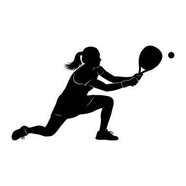 Tenis oynarken, atletik giysili, at kuyruklu siyah bir kadın silueti tasvir edilir. O, iki eliyle bir tenis raketini tutarak ileri doğru hamle yapıyor ve havadaki bir tenis topuna vurmak üzere. Vücudu. 