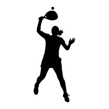 Havada tenis oynayan siyah bir kadın silueti. O, atletik giysiler giyiyor ve raketiyle bir topa vurma sürecinde. Vücudu açılı, hareket ve konsantrasyon gösteriyor. Arkaplan düz beyaz.