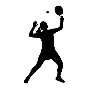 Bir tenis topuna raketle vurma eyleminde, atletik giysili bir kadının siyah silueti tasvir edilir. Vücudu dinamik bir pozisyonda, bir kolu raketi sallamak için yükseliyor ve diğeri denge için uzanıyor. Küçük bir top v