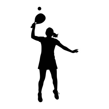 Havada tenis oynayan siyah bir kadın silueti. O bir etek ve tişört giyiyor, saçları at kuyruğu içinde. Kafasının üstündeki bir topa vurmak için tenis raketi sallıyor. Kolları uzamış ve vücudu sanki...