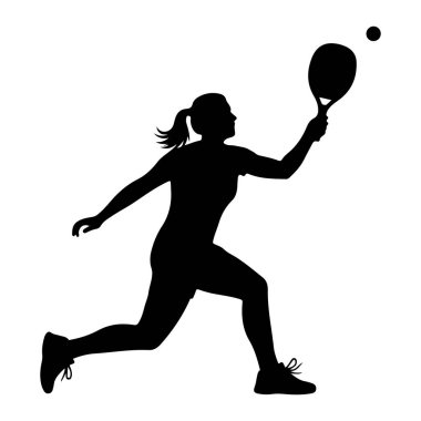 Hareket halindeki bir kadının tenis oynayan siyah silueti. O, bir tenis topuna raketiyle vurmak için sağ koluyla ileri uzanan bir adımın ortasında. Saçları at kuyruğu şeklinde geri çekiliyor ve atletik giysiler ve ayakkabılar giyiyor. Top içeride.