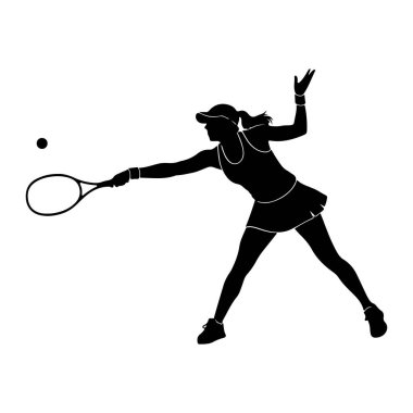Tenis oynayan siyah bir kadın silueti. O bir şapka, kolsuz bir bluz ve bir etek giyiyor. O, raketiyle bir tenis topuna vuruyor, kolu uzanıyor ve vücudu öne eğiliyor. Denge için bir kol daha kaldırılır. T