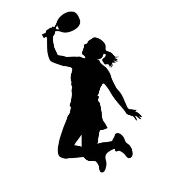 Havada tenis oynayan siyah bir kadın silueti. O bir etek giyiyor ve saçları at kuyruğu şeklinde geri çekiliyor. O, sanki bir topa vurur gibi başının üzerinde bir tenis raketi tutuyor. Vücudu dinamik bir duruşta bükülmüş.