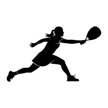 Aksiyonun ortasında tenis raketi sallayan siyah bir kadın silueti. O, etekli ve atletik ayakkabılı spor bir elbise giyiyor. Saçları at kuyruğu şeklinde geri çekiliyor ve vücudu sanki topa vuruyormuş gibi dinamik bir şekilde konumlandırılıyor. Görüntü... 