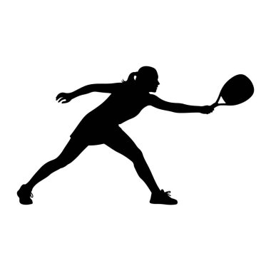 Aksiyonun ortasında tenis raketi sallayan siyah bir kadın silueti. Vücudu dinamik bir duruşta bükülmüş, atletik kıyafetler giyiyor, bu da güçlü bir felç olduğunu gösteriyor. Saçları at kuyruğu şeklinde geri çekiliyor. Görüntü bl 'nin katıksız karşıtlığıdır.