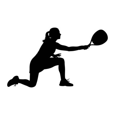 Hareket halindeki bir kadının tenis oynayan siyah silueti. Tek dizinin üstünde, raketiyle topa vurmak için elini uzatıyor. Saçları at kuyruğu şeklinde geri çekiliyor ve atletik giysiler ve ayakkabılar giyiyor. Arkaplan düz beyaz.