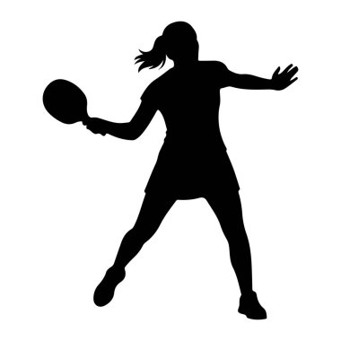 Tenis raketi tutan ve dinamik bir poz veren atletik kıyafetli bir kadının silueti tenis maçının ortasında olduğunu gösteriyor. Saçları at kuyruğu şeklinde bağlanmış ve hareket ediyor gibi görünüyor. Arkaplan düz beyaz.