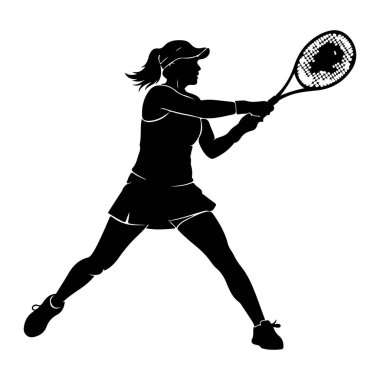 Tenis oynayan bir kadının siyah silueti beyaz arka planda resmedilir. O, iki eliyle bir tenis raketi tutarak bir topa vurmaya hazırlanırken, salıncağın ortasında yakalandı. Kadın atletizm kıyafeti giyiyor. Şapka, kolsuz tişört de dahil.