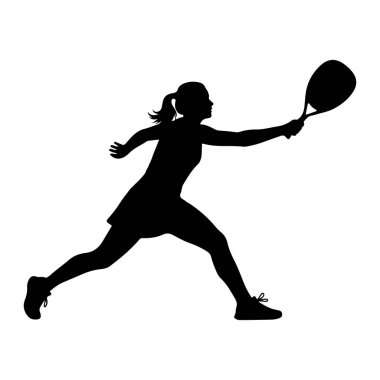 Hareket halindeki bir kadının tenis oynayan siyah silüeti. O bir etek ve atletik ayakkabılar giyiyor, saçları at kuyruğu ile bağlanmış. Kolu uzatılmış, tenis raketini salıncağın ortasındaymış gibi tutuyor. Arka plan düz beyaz, EMP