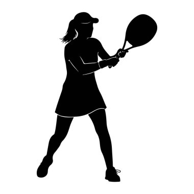 Bir kep, etek ve ayakkabı da dahil olmak üzere atletik giyinmiş bir kadının siyah silueti dinamik bir pozda resmedilir. O iki eliyle bir tenis raketi tutuyor, bir topa vurmaya hazırlanıyor ya da sallanıyor gibi görünüyor. Şekil şu: