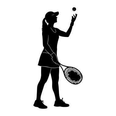 Beyaz arka planda, kep, etek ve spor ayakkabıları da dahil olmak üzere, tenis kıyafeti giymiş bir kadının siyah silueti tasvir edilir. O bir tenis topu servis hareket, onun uzanmış el ve onun on üzerinden havaya atılan top ile