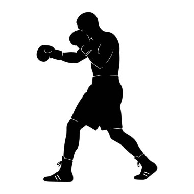 Beyaz bir arka plana yumruk atan siyah bir boksör silueti. Boksör boks eldiveni, şort ve bağcıklı ayakkabı giyiyor. Duruş dinamik, hareket ve eylemi gösteriyor..