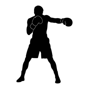 Yumruğun ortasında siyah bir erkek boksör silueti. Boks eldiveni ve şort giyiyor, vücudu dövüş pozisyonunda. Arka plan düz beyaz. Görüntü, eylem halindeki bir boksörün grafik gösterimidir..