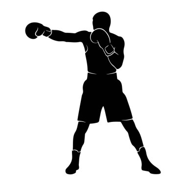 Yumruğun ortasında siyah bir boksör silueti. Boksör boks eldiveni, şort ve çorap giyer. Rakam belden aşağısı, sağ kol ileri doğru yumruk hareketinde gösteriliyor. Duruş geniş, bacaklar ayrık, hazır olduğunu gösteriyor.