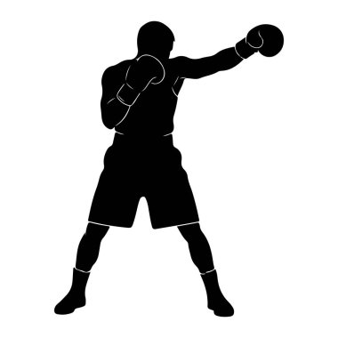 Yumruğun ortasında siyah bir erkek boksör silueti. Boks eldiveni, şort ve çorap giyiyor. Şekil, dinamik duruşu ve yumruk atma eylemini vurgulayan düz beyaz bir arkaplan üzerinde resmedilmiş..