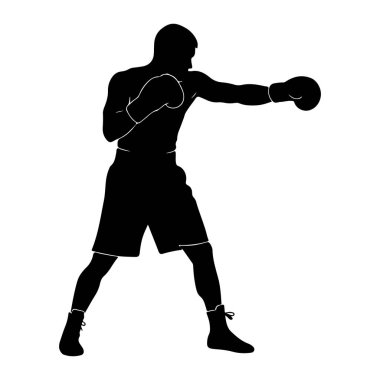 Beyaz bir arka plana yumruk atan siyah bir boksör silueti. Boksör boks eldiveni, şort ve yüksek topuklu ayakkabı giyiyor. Duruş dinamik, dövüş ya da antrenmanda aktif bir an olduğunu gösteriyor. Siyah rengin katıksız kontrastı