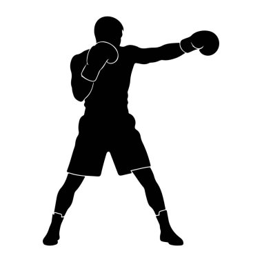 Boks eldiveni ve şort giymiş, yumruğun ortasında siyah bir boksör silueti. Şekil dinamik bir duruş ile tasvir edilmiş, hareket ve eylemi işaret ediyor. Arka plan düz beyaz, siyah siluetin katıksız kontrastını vurguluyor..