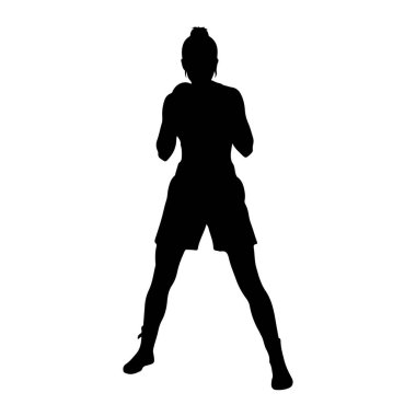 Savaşan bir kadının siyah silueti. O şort ve spor ayakkabıları giyiyor. Saçları topuz şeklinde geri çekilmiş. Arkaplan beyaz.