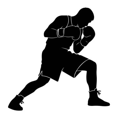 Bir erkek boksörün siyah silueti beyaz bir arka plana karşı dinamik bir dövüş duruşu içinde tasvir edilir. Boksör boks eldiveni, şort ve yüksek topuklu ayakkabı giyiyor. Vücudu açılı, bir bacağı önde, diğeri arkada, bu da bir hareket olduğunu gösteriyor.