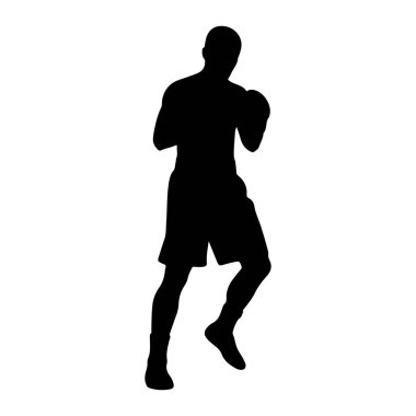 Bir erkek boksörün siyah silueti dinamik bir duruşta tasvir edilir, hareket ve eyleme hazır olma göstergesidir. Şekil ve atletik yapısını vurgulayarak, düz beyaz bir arkaplan üzerinde izole edilmiştir. Boksör şort giyiyor ve ortaya çıkıyor. 