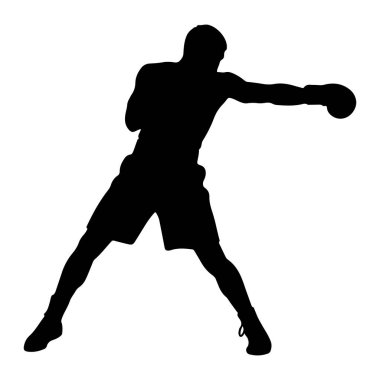 Siyah bir erkek boksör silueti, sağ kolu açık bir şekilde yumruk atıyor. Boks eldivenleri, şortları ve spor ayakkabıları giyiyor. Duruşu geniş ve dengeli, hareket ve gücü gösteriyor. Arka plan bembeyaz..