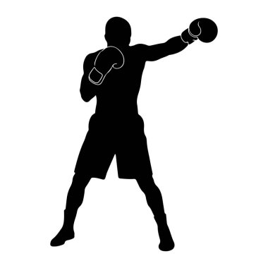 Siyah siluet bir erkek boksör, dövüşün ortasında, sağ kolu öne doğru uzanmış bir yumruk atıyor. Boks eldiveni ve şort giyiyor. Şekil, dinamik duruşu ve kutu sporunu vurgulayan düz beyaz bir arkaplan karşısında izole edilmiştir.