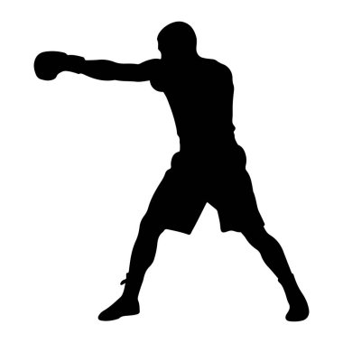 Siyah bir siluet, beyaz bir arka plana yumruk atan bir erkek boksör silueti. Boksör boks şortu ve eldiven giyiyor ve bir kolu yumruk hareketinde ileri uzanıyor. Duruşu geniş ve atletik, bir güç ve hareket hissi taşıyor..
