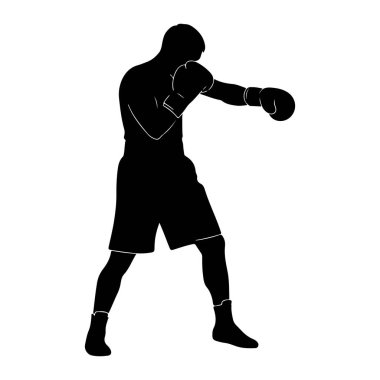 Siyahi bir boksör silueti, dövüşün ortasında, yumruk atıyor. Boks eldiveni ve şort giyiyor. Görüntü, siyahın beyaz bir arkaplana karşı katıksız kontrastı. Dövüşçünün dinamik duruşunu ve atletik formunu vurguluyor..