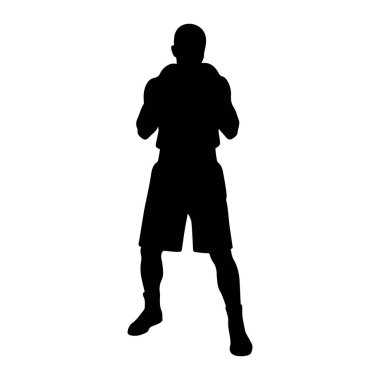 Beyaz arka planda boks yapan bir kişinin siyah silueti tasvir edilir. Şort giymiş ve boks eldiveni giymiş gibi görünüyor. Poz, savaşa ya da eğitime hazır olduğunu gösteriyor..