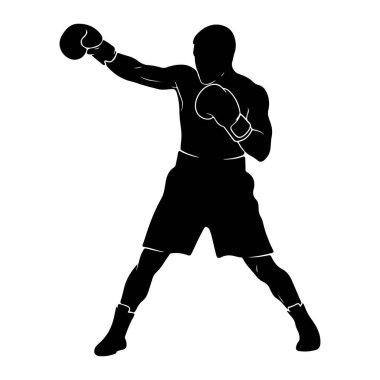 Siyah bir siluet, beyaz bir arka plana yumruk atan bir erkek boksör silueti. Boksör boks eldiveni ve şort giyiyor ve sol kolu yumruk hareketiyle ileri doğru uzanıyor. Duruşu geniş ve atletik, bir hazırlık hissi veriyor.