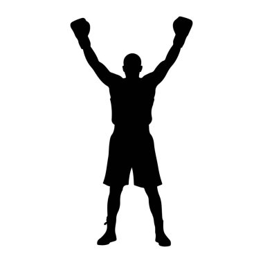 Siyahi bir boksör silueti kollarını beyaz bir arkaplana karşı zaferle kaldırır. Boksör şort ve boks eldiveni giyiyor. Poz, maçtan sonra zafer ve kutlama anı olduğunu gösteriyor..
