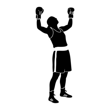 Siyah bir boksör silueti kollarını zaferle kaldırmış duruyor. Boks eldiveni, kolsuz tişört, şort ve boks ayakkabısı giyiyorlar. Boksörün kafası geriye doğru eğik ve yüzlerindeki ifade zafer kazanmış gibi görünüyor. Görüntü simsiyah ve beyaz.