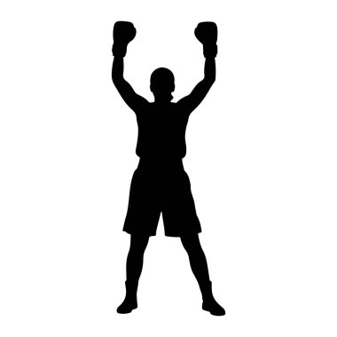 Siyah bir boksör silueti kollarını zaferle kaldırmış duruyor. Boksör boks eldiveni ve şort giyiyor. Beyaz bir arkaplanda izole edilmiş olan figür, boks sporunda bir zafer ve başarı duygusu taşıyor..