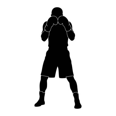 Siyah bir boksör silueti savunma pozisyonunda duruyor. Boksör boks eldiveni, şort ve bot giyiyor. Şekil beyaz bir arkaplan karşısında izole edilmiş, ince beyaz çizgiler eldivenlerin kenarlarını ve buklelerini belirler.