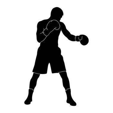Dövüş duruşu yapan bir boksörün siyah silueti beyaz bir arkaplanda tasvir edilir. Boksör boks eldiveni ve şort giyiyor. Şekil hareket halinde, bir kolu sanki yumruk atıyormuş gibi uzanıyor. Boksörün vücudunun ana hatları