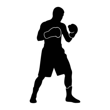 Siyah bir erkek boksör silueti dövüş pozisyonunda duruyor. Boks eldiveni ve şort giyiyor. Şekil, beyaz bir arkaplana karşıdır.