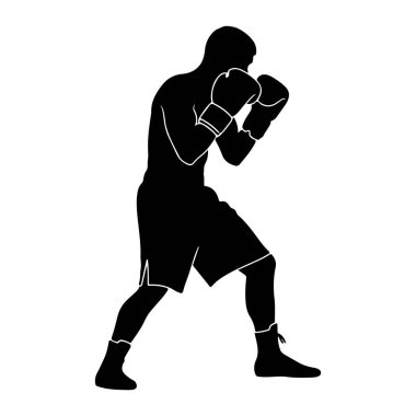 Dövüş duruşu yapan bir boksörün siyah silueti beyaz bir arkaplanda tasvir edilir. Boksör boks eldiveni ve şort giyiyor. Dövüş hazırlığı için yumrukları havada. Şeklin ana hatları keskin ve belirgindir. 