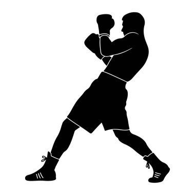 Savunma pozisyonunda bir erkek boksörün siyah silueti. Boks eldiveni, şort ve yüksek topuklu ayakkabı giyiyor. Vücudu açılı, bir ayağı önde, diğeri arkada hareket etmeye ve harekete hazır olduğunu gösteriyor. Kaslarının ana hatları...